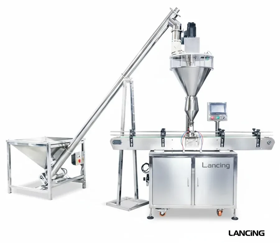 Automatic auger filling line with powder feeder, conveyor and filling head