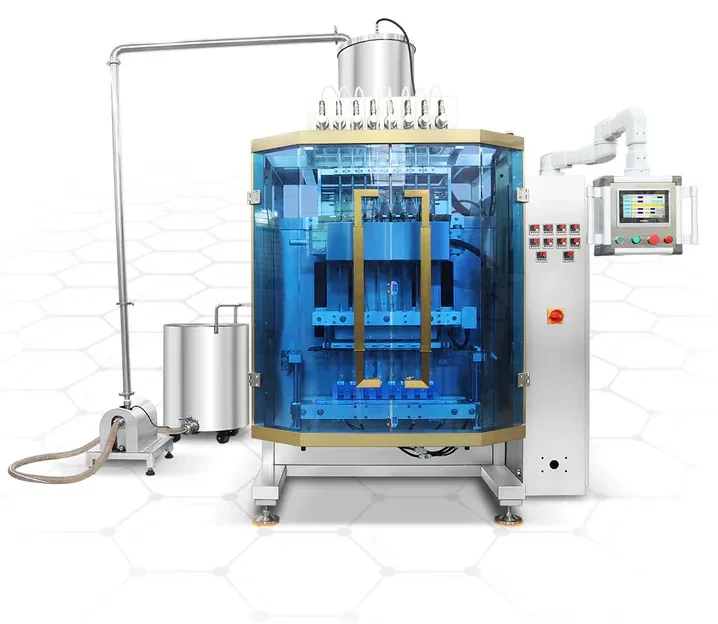 Guarded VFFS pouch filling machine for flexible powder packs