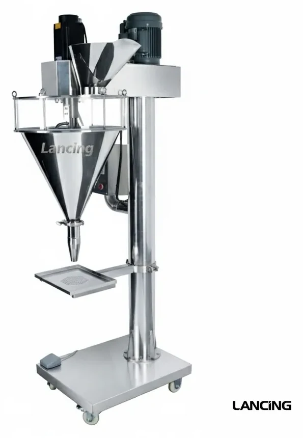 Semi automatic auger powder filling machine with hopper and discharge tray